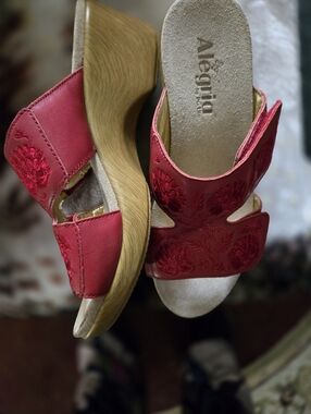 Alegria Red Floral Embroidered Wedge Sandals